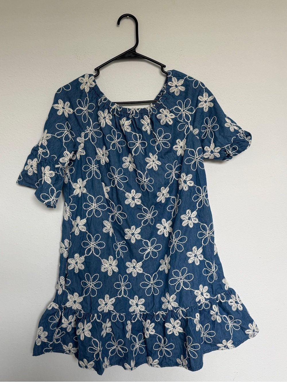 Ice Blue Denim Dress with Cream Floral Embroidery